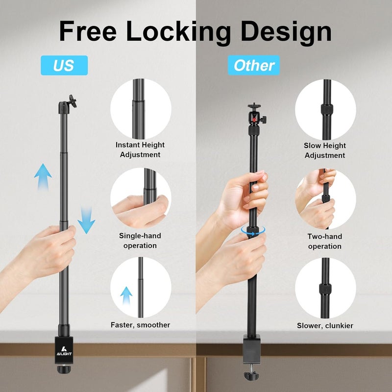 ailight Camera Desk Mount Webcam Stand, Adjustable Table Camera Stand with 1/4" Screw & C Clamp Overhead Tripod Webcam Mount for Logitech Obsbot insta360 Anker and Others - Image 3